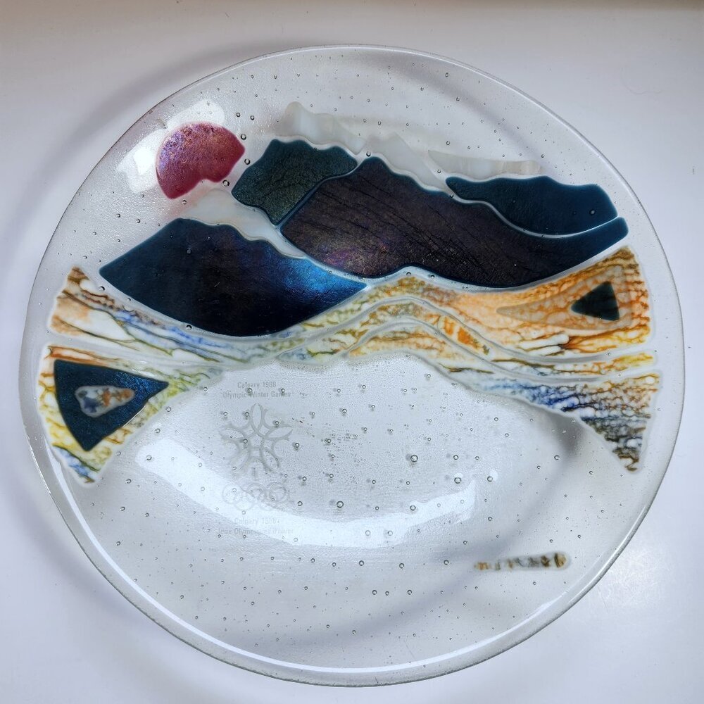 Vintage Hand Painted Glass Plate Calgary Olympic Style Art • 13” Decorative